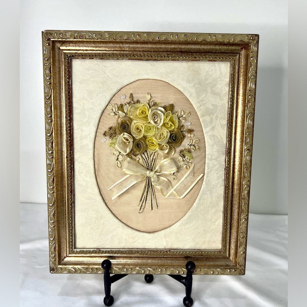 Vintage Embroiled Flowers Gilt Gold Frame 12”
